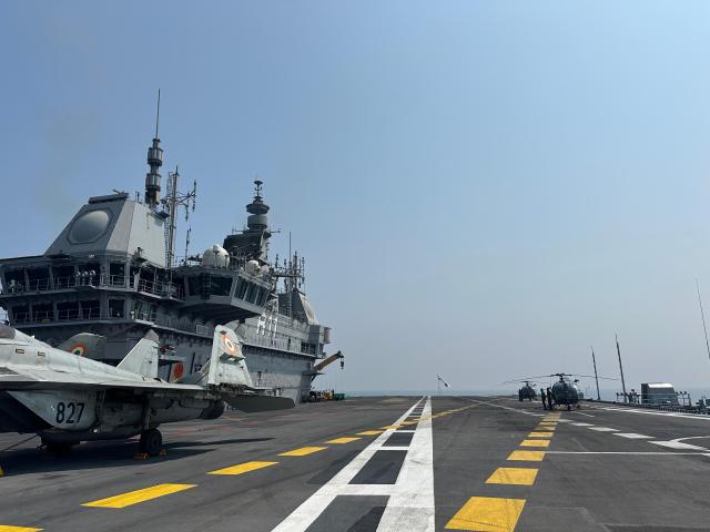 The flight deck of INS Vikrant is seen on Feb 19 2026 AJP Kim Hee-su