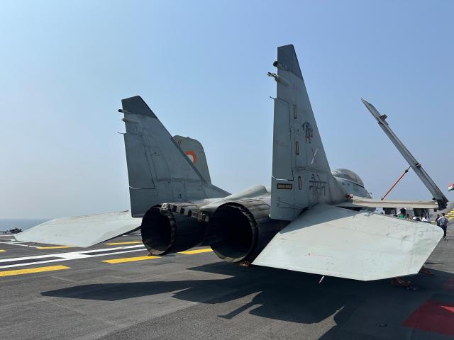 A back of MiG-29K fighter is seen on the flight deck of INS Vikrant on Feb 19 2026 AJP Kim Hee-su