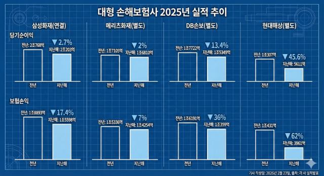 삼성·메리츠·현대 등 대형 손보사 순익 일제히 감소…본업 수익성 악화 공통 과제