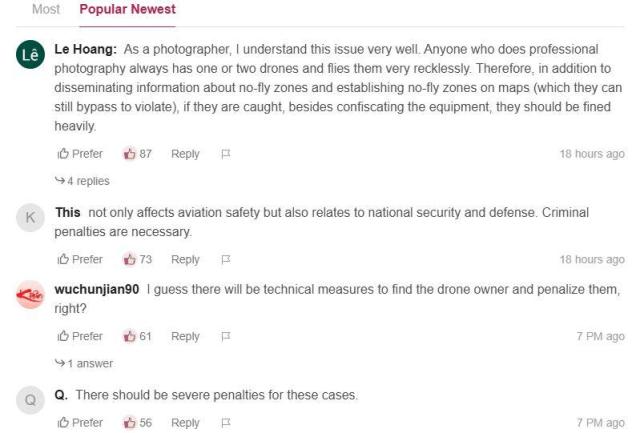 드론 침입을 비판하는 누리꾼들 사진VnExpress갈무리