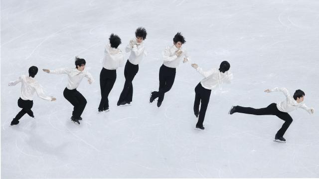 Cha Jun-hwan performs during the men’s single free skating program at the Milan Ice Skating Arena during the Milan-Cortina d’Ampezzo 2026 Winter Olympics in Milan Italy Composite image created from seven frames on Feb 14 2026 Yonhap