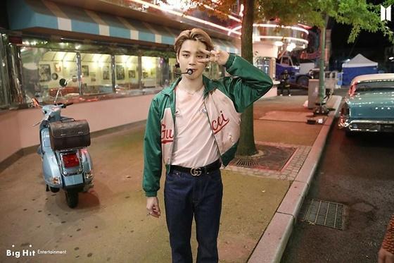 This photo provided by BIg Hit Music show photo of Jimin during a music video shoot