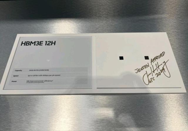 A display of Samsung Electronics HBM3E memory chip bears the signature and Jensen approved message from Nvidia CEO Jensen Huang Courtesy of Samsung Electronics