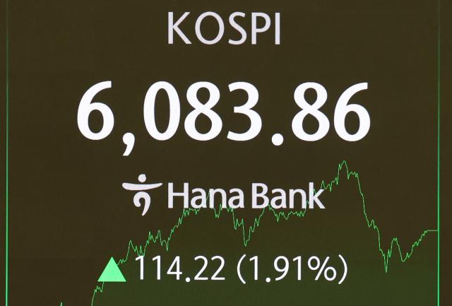 코스피가 사상 처음으로 6000을 돌파해 거래를 마친 25일 서울 중구 하나은행 딜링룸 전광판에 코스피 종가가 표시돼있다 사진연합뉴스