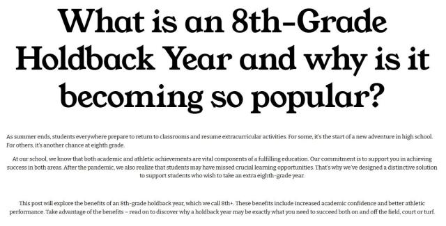 캘리포니아 샌버나도에 있는 운동선수를 위한 사립중학교인 프랙시스엘리트스포츠아카데미 홈페이지에 소개된 8학년 유급 제도 학교에서는 ‘8학년+’라고 소개한다 사진프랙시스엘리트스포츠아카데미 홈페이지