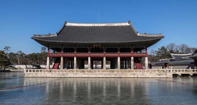 A general view of Gyeonghoeru Pavilion at Gyeongbokgung Palace in Jongno District Seoul on Feb 9 2026 AJP Yoo Na-hyun