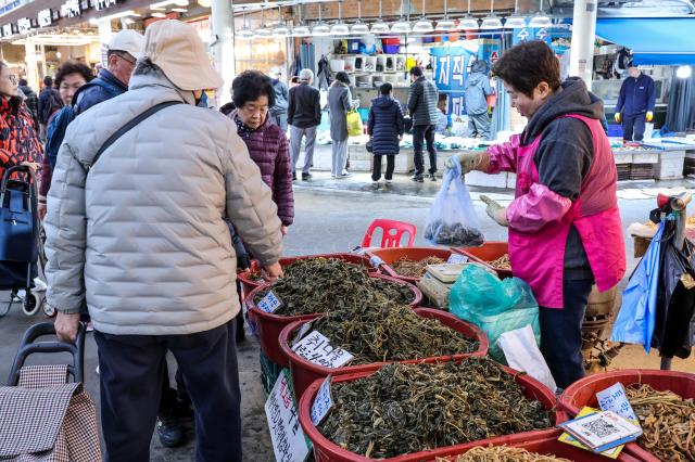 Dried vegetables prepared for Jeongwol Daeboreum are displayed at Gyeongdong Market in Dongdaemun District Seoul on Feb 27 2026 AJP Yoo Na-hyun