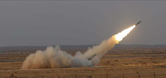 A surface-to-air missile streaks into the sky to neutralize aerial threats at Pokhran Range in Jaisalmer India on Feb 28 2026 Courtesy of the Indian Air Force