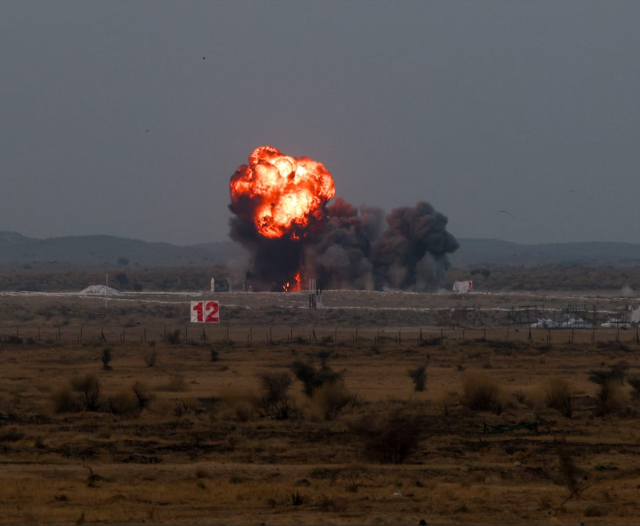 A target is obliterated in a massive fireball at Pokhran Range in Jaisalmer India on Feb 28 2026 Courtesy of the Indian Air Force