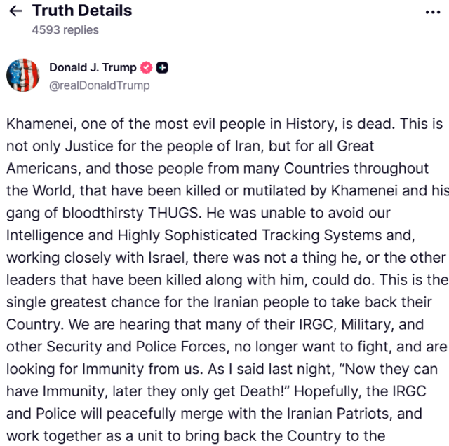 Screen caption of Trumps Truth Social page declaring the death of Iranian leader Khamenei