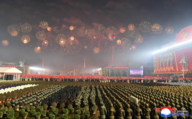 North Korea holds a nighttime fireworks gala titled “Prosper O Motherland” at Kim Il Sung Square in Pyongyang on Feb 25 following a military parade marking the 9th Congress of the Workers’ Party of Korea according to the Korean Central News Agency KCNA Feb 26 2026Yonhap
