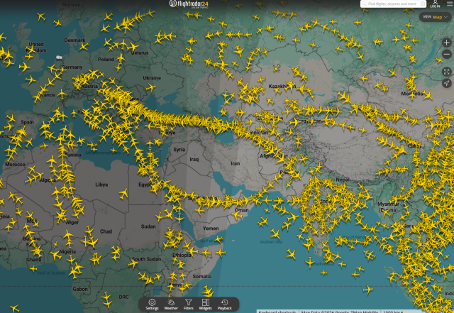 This photo captured from FlightRadar24 show current flight pattern around the globe after the US Iran conflict escalated in Feb28