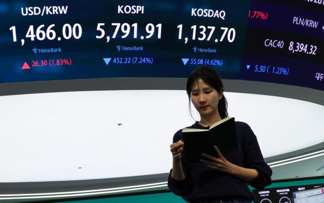 An electronic board at the dealing room of Hana Bank in central Seoul displays the KOSPI index and other market indicators, March 3. 2026. AJP Yoo Na-hyun