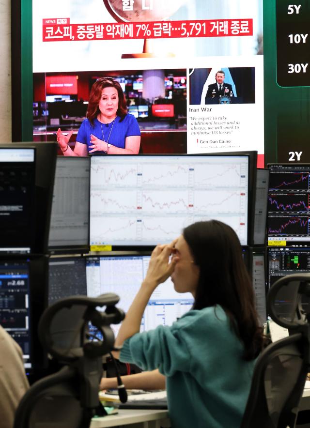  미국과 이란의 전쟁으로 지정학적 불안감이 지속되고 있는 3일 서울 중구 하나은행 딜링룸에서 현황판에 증시 관련 뉴스가 나오고 있다  이날 코스피 지수는 전 거래일 대비 45222포인트724 내린 579191에 코스닥은 5508포인트462 내린 113770에 장을 마감했다 202633 연합
