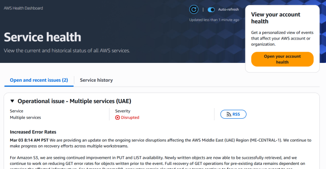 AWS 상태 대시보드 캡쳐 [사진=AWS 상태 대시보드]