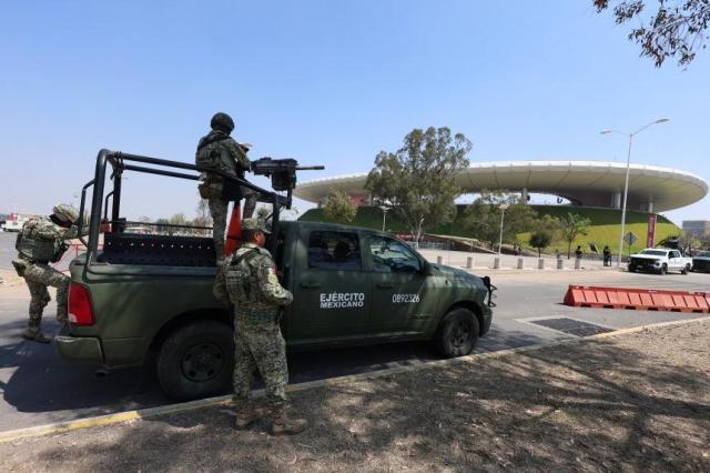 Mexican troops stand guard near Akron Stadium in Guadalajara, Mexico, on Feb. 28. (Yonhap via Reuters)