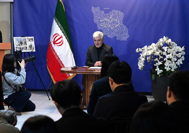 Saeid Koozechi ambassador of the Islamic Republic of Iran to South Korea delivers a statement on Israeli and US military strikes against Iran at the Embassy of the Islamic Republic of Iran in Yongsan Seoul March 5 AJPYoo Na-hyun