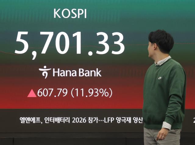 코스피가 장 초반 급등하며 5700선을 터치한 가운데 5일 오전 서울 중구 하나은행 본점 딜링룸에서 딜러가 업무를 보고 있다 사진연합뉴스