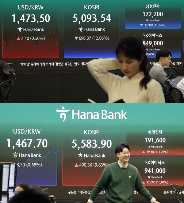 이 합성사진은 위쪽 코스피가 미국과 이란 간 전쟁 발발 여파로 역대 최대 폭으로 폭락해 5100선마저 내준 2026년 3월 4일 서울 중구 하나은행 본점 딜링룸에 코스피가 표시되어있는 모습 아래쪽최근 연이틀 폭락한 코스피가 급반등해 단숨에 5580대를 회복한 5일 서울 중구 하나은행 딜링룸에 코스피와 환율 삼성전자 SK하이닉스의 주가가 표시되어있는 모습이다 edited by AJP Song Ji-yoon