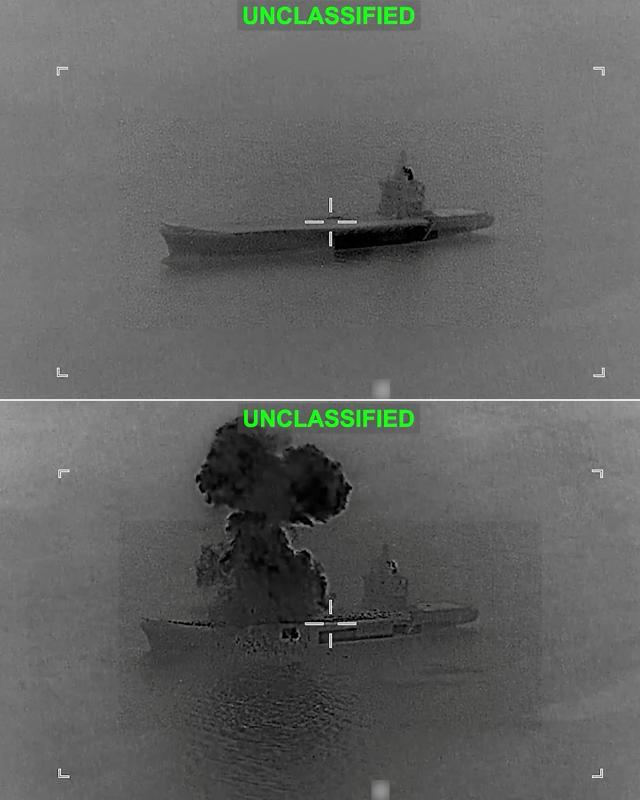 This combination of screen grabs obtained from undated and unlocated video released by the US Central Command on their X account CENTCOM on March 5 2026 shows a strike on a vessel as part of Operation Epic Fury AFP-Yonhap
