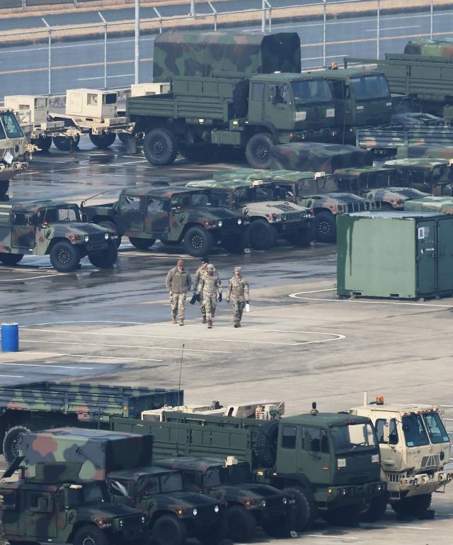 Vehicles are parked at Camp Humphreys in Pyeongtaek Gyeonggi Province as the ROK-US joint Freedom Shield FS exercise begins March 9 Yonhap
