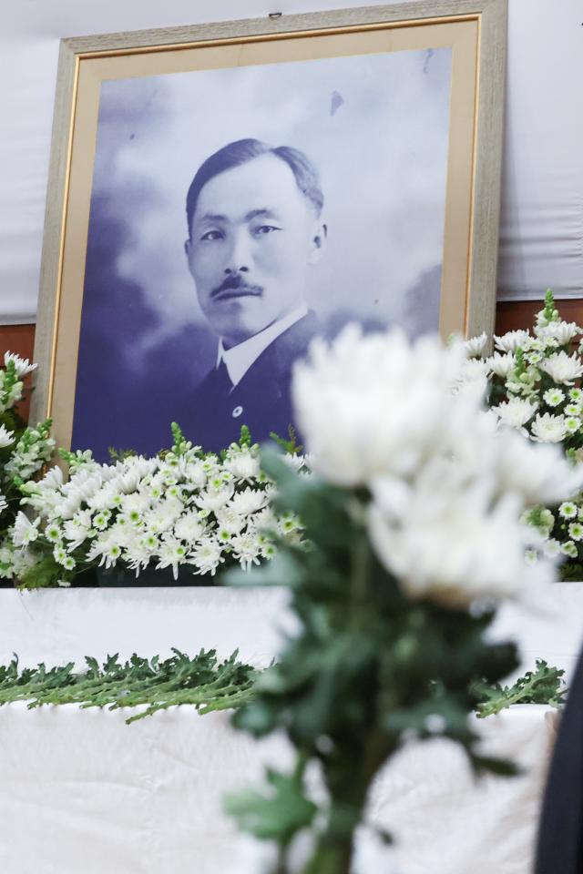 Flowers laid in tribute are displayed at the 88th anniversary memorial ceremony for Dosan Ahn Chang-ho at the Dosan Ahn Chang-ho Memorial Hall in Gangnam-gu Seoul March 10 2026 Yonhap