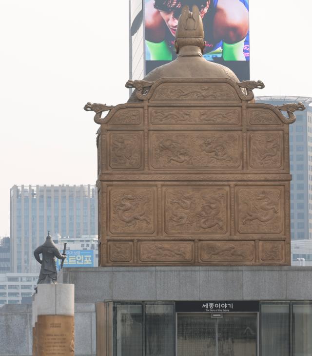 The statues of King Sejong and Admiral Yi Sun-sin stand at Gwanghwamun Square in Seoul AJP Han Jun-gu