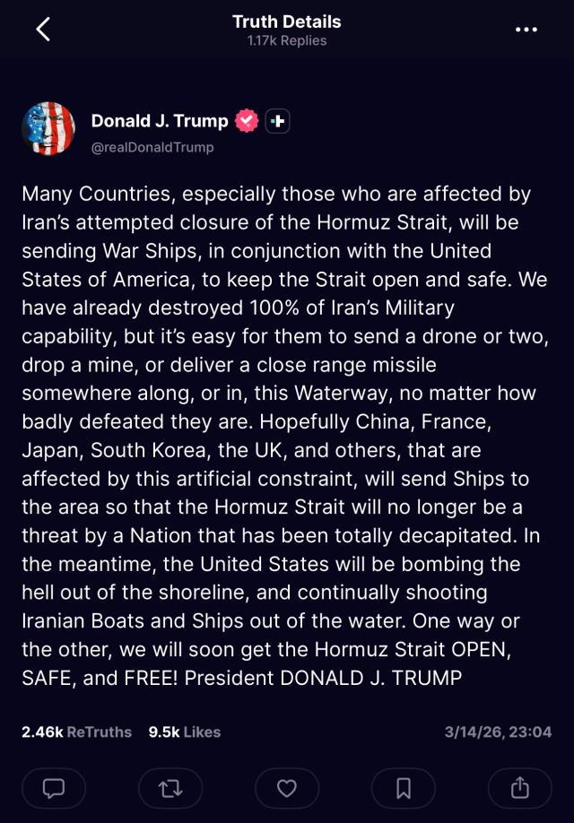 Trump calls on Korea, allies to send warship as Hormuz tensions rise 