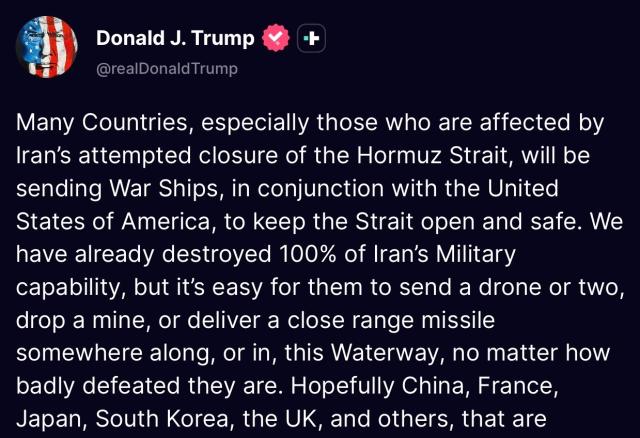 Trump calls on Korea, allies to send warship as Hormuz tensions rise 