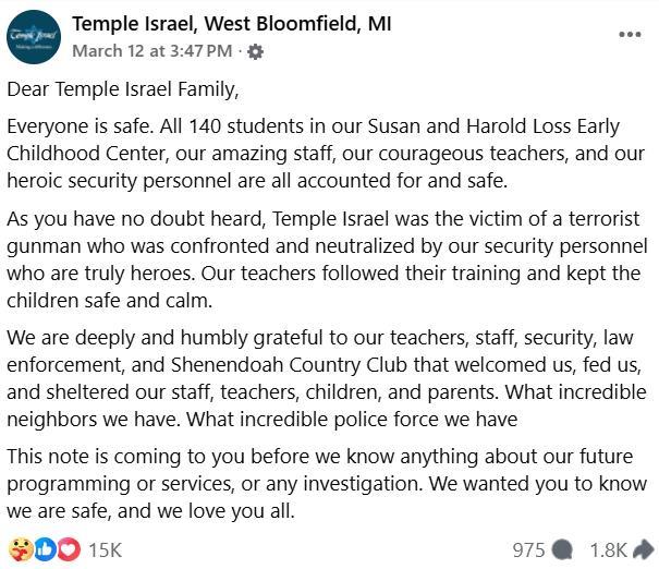 지난 12일현지시간 레바논계 이민자의 차량 돌진 등 공격을 받은 미시간 템플 이스라엘 유대교 회당 측이 올린 페이스북 게시물 사진템플 이스라엘 페이스북