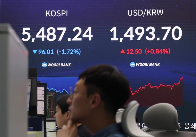 13일 중구 우리은행 딜링룸 전광판에 코스피 종가와 원달러 환율이 표시돼 있다 이날 코스피는 전장보다 9601포인트172 내린 548724에 장을 마쳤다 사진연합뉴스