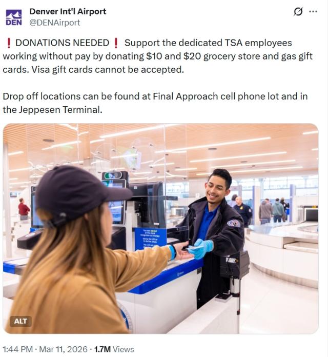 덴버국제공항 측이 소셜미디어 엑스구 트위터에 올린 TSA 직원 대상 기부 캠페인 사진덴버국제공항 엑스