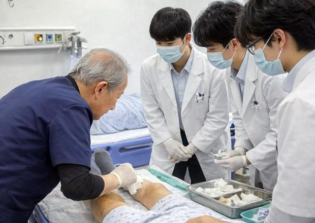 인하대 의대는 의학교육 혁신을 위한 ‘지역사회기반 의학교육’ 과정으로 백령병원 병원선 등에서 특성화 임상 실습을 하고 있다 백령병원 이두익 원장이 인하대 의대 본과 4학년 학생들을 대상으로 응급실 환자 교육을 하고 있는 모습 사진인하대