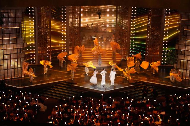 Rei Ami, Lee Jae and Audrey Nuna perform 'Golden' from the film 'K-Pop Demon Hunters' at the Academy Awards.