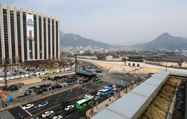 Stage installation work is underway at Gwanghwamun Square in Seoul on March 16 2026 five days ahead of the comeback performance of BTS AJP Yoo Na-hyun 20260316