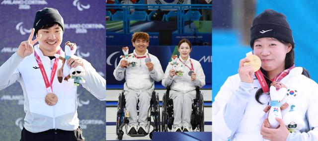 From left are Lee Jae-hyuk snowboard Lee Yong-seok and Baek Hye-jin curling and Kim Yunji biathlon medalists for South Korea at the 2026 Cortina dAmpezzo Winter Paralympics Yonhap