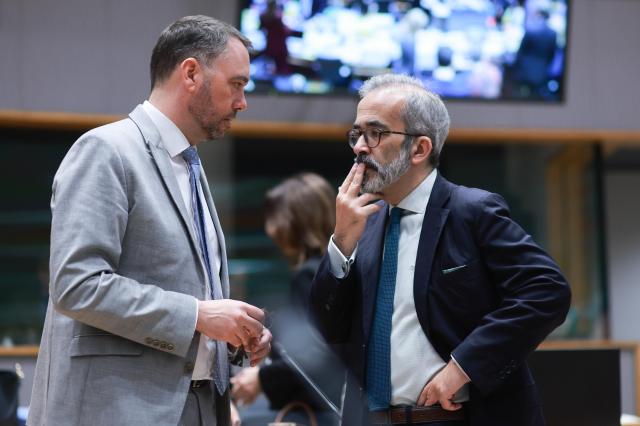 Belgian Foreign Minister Maxime Prevot and Portuguese Minister of State and Foreign Affairs Paulo Rangel R ahead of a Foreign Affairs Council meeting at the Council of the European Union in Brussels Belgium 16 March 2026 EPAYonhap