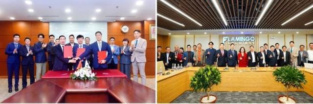 Ảnh lưu niệm cùng đại diện các công ty phát triển bất động sản Việt Nam GELEXIMCO GROUP ảnh trái và FLAMINGO HOLDINGS ảnh phải sau lễ ký kết Biên bản ghi nhớ ẢnhHyundai HT