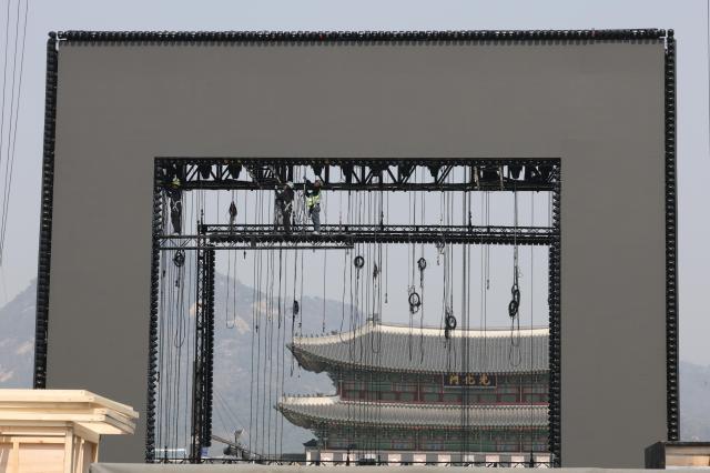 Four days ahead of K-pop group BTS’s concert at Gwanghwamun Square preparations are underway at the venue in Jongno-gu Seoul on Mar 17 2026 Yonhap 