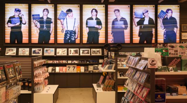 BTS merchandise is displayed at a K-pop goods shop in Myeongdong Jung District Seoul three days ahead of the group’s performance at Gwanghwamun Square March 18 2026 AJP Yoo Na-hyun 20260318
