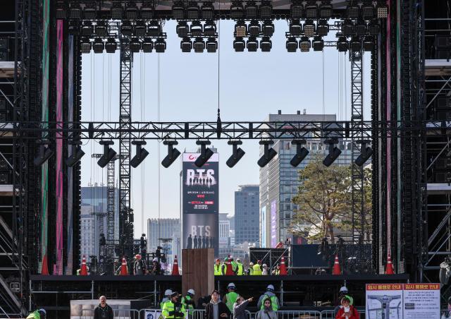 The stage at Gwanghwamun Square in the central city ahead of the BTS comeback concert in Seoul on March 19 2026 AJP Yoo Na-hyun