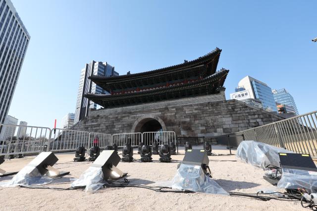Media facade installation underway at Sungnyemun Gate ahead of BTS comeback March 19 2026 AJP Han Jung-gu
