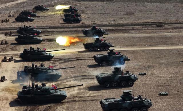 Battle tanks participate in a drill at a military base in Pyongyang on March 18 2026 in this photo released by the state-run North Korean Central News Agency the following day