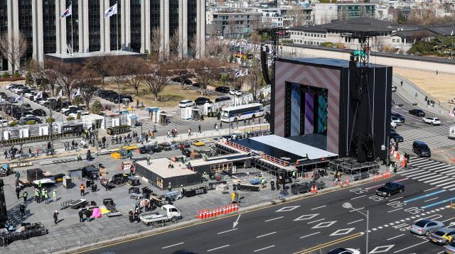 A photo of BTS stage at Gwanghwamun taken on March 19 2026 AJP Han Jun-gu