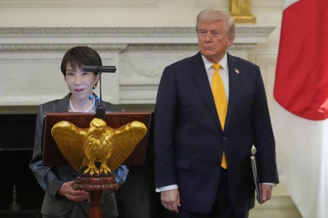 Japans Prime Minister Sanae Takaichi speaks during a dinner with President Donald in the State Dining Room of the White House Thursday March 19 2026 in Washington APYonhap
