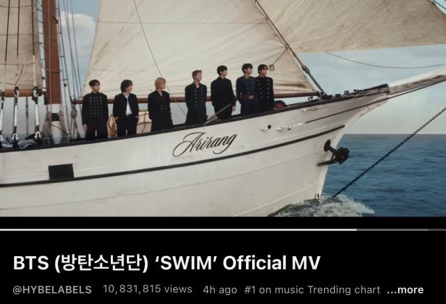 This photo captured from YouTube show music video for BTS’ Swim exceeding 10 million views as of 530 pm