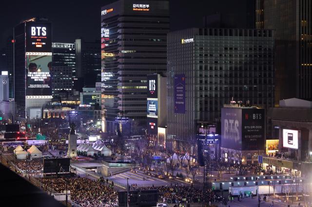 An estimated 50000 fans in Seoul celebrate the return of BTS in an open concert held at Gwanghwamun Square on March 21 Joint Press Corps