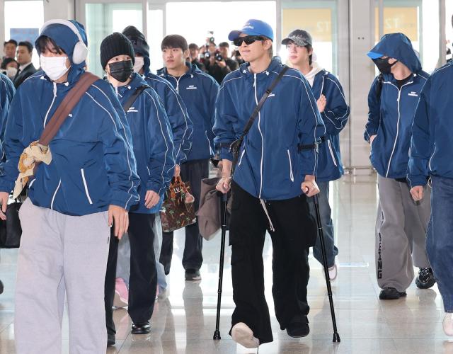 BTS members are departing through Incheon International airport in order to partake in upcoming Jimmy Fallons Tonight Tonight show Courtesy of Yonhap News Agency 