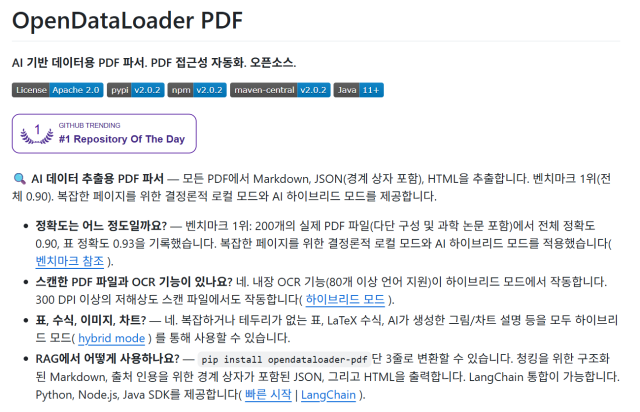 한글과컴퓨터 오픈데이터로더 PDF v20 깃허브 페이지 캡처 사진한글과컴퓨터 깃허브
