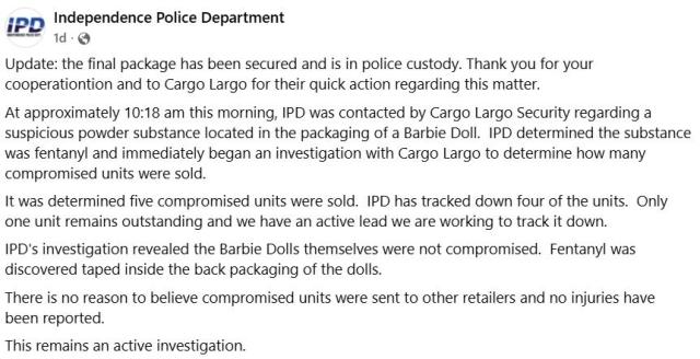 미 미주리 인디펜던스 경찰서의 페이스북 공지 사진인디펜던스경찰서 페이스북